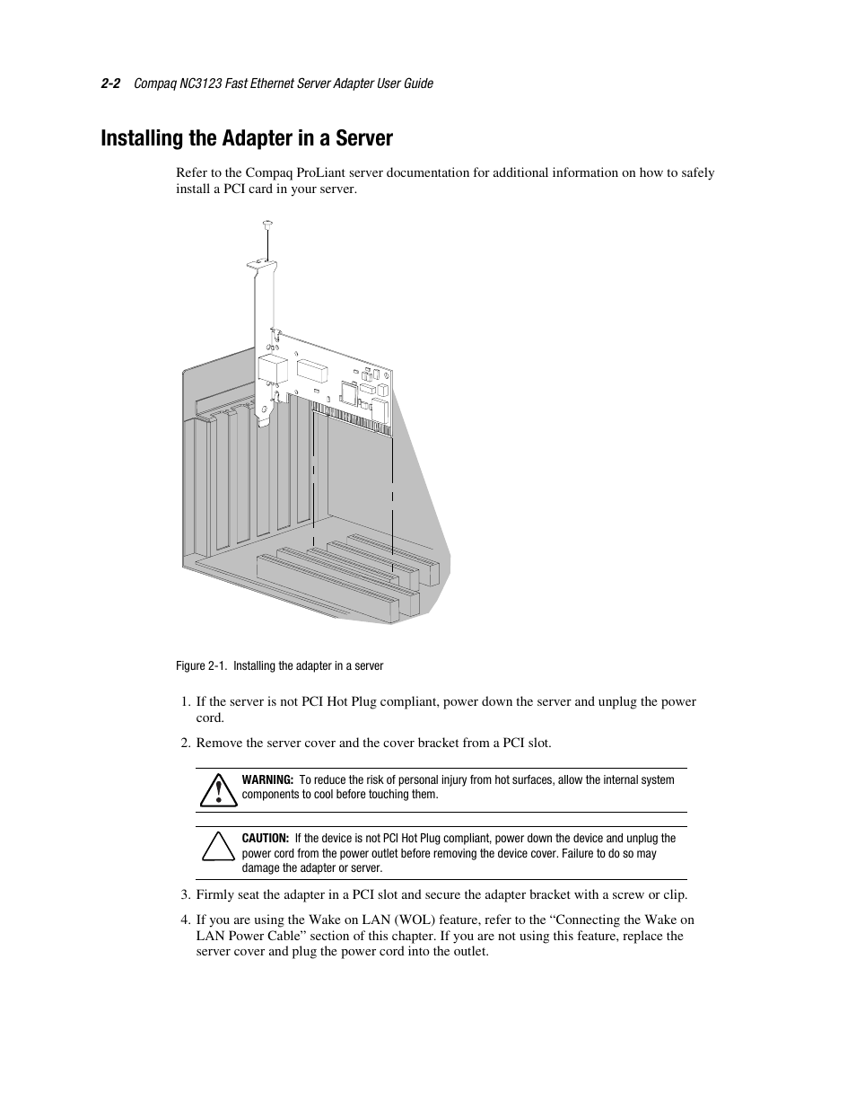 Installing the adapter in a server, Installing the adapter in a server -2 | HP Compaq NC3123 Fast Ethernet NIC PCI Adapter User Manual | Page 13 / 22