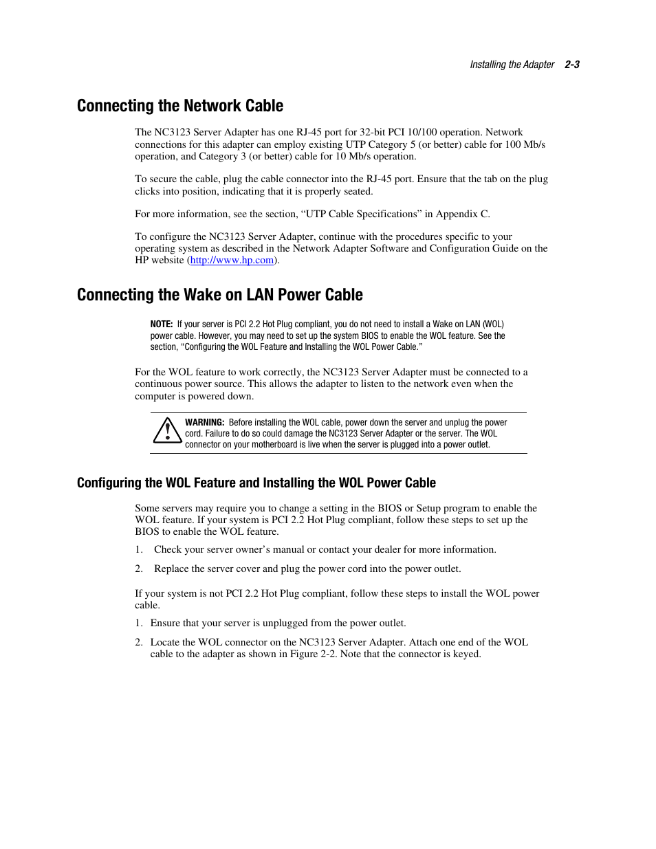 Connecting the network cable, Connecting the wake on lan power cable, Connecting the network cable -3 | Connecting the wake on lan power cable -3 | HP Compaq NC3123 Fast Ethernet NIC PCI Adapter User Manual | Page 14 / 22