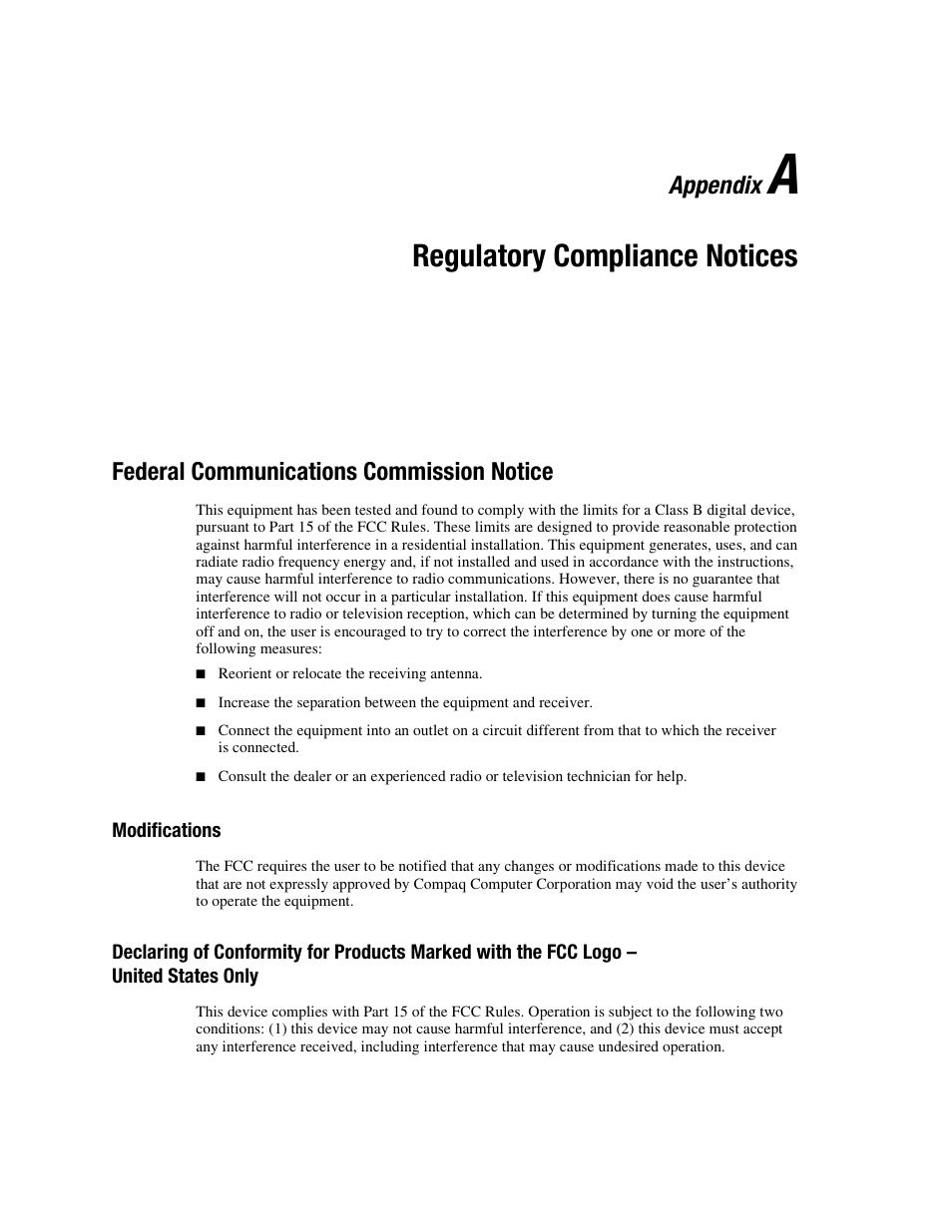 Appendix a: regulatory compliance notices, Federal communications commission notice, Modifications | Appendix a, Regulatory compliance notices, Appendix | HP Compaq NC3123 Fast Ethernet NIC PCI Adapter User Manual | Page 16 / 22