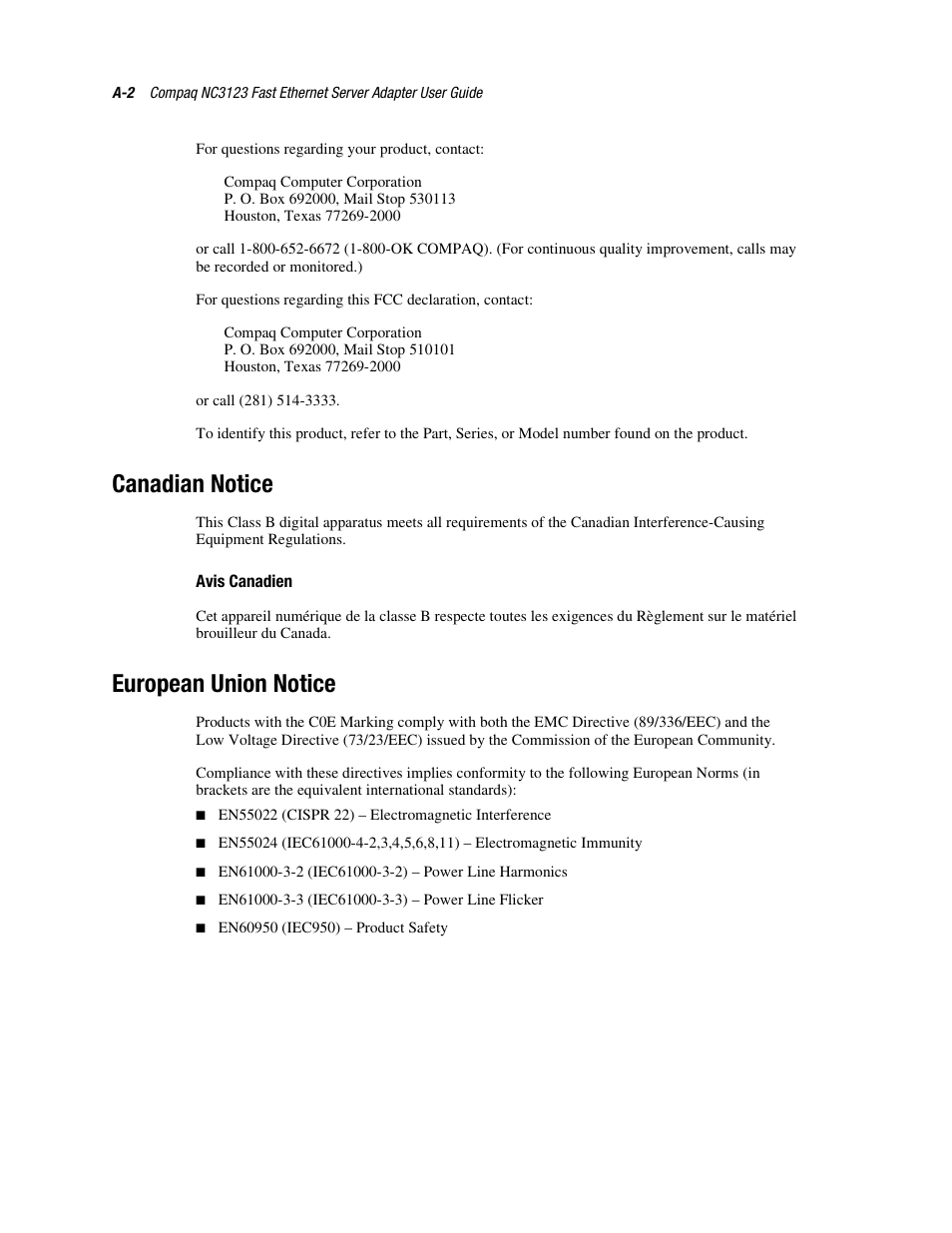 Canadian notice, Avis canadien, European union notice | HP Compaq NC3123 Fast Ethernet NIC PCI Adapter User Manual | Page 17 / 22