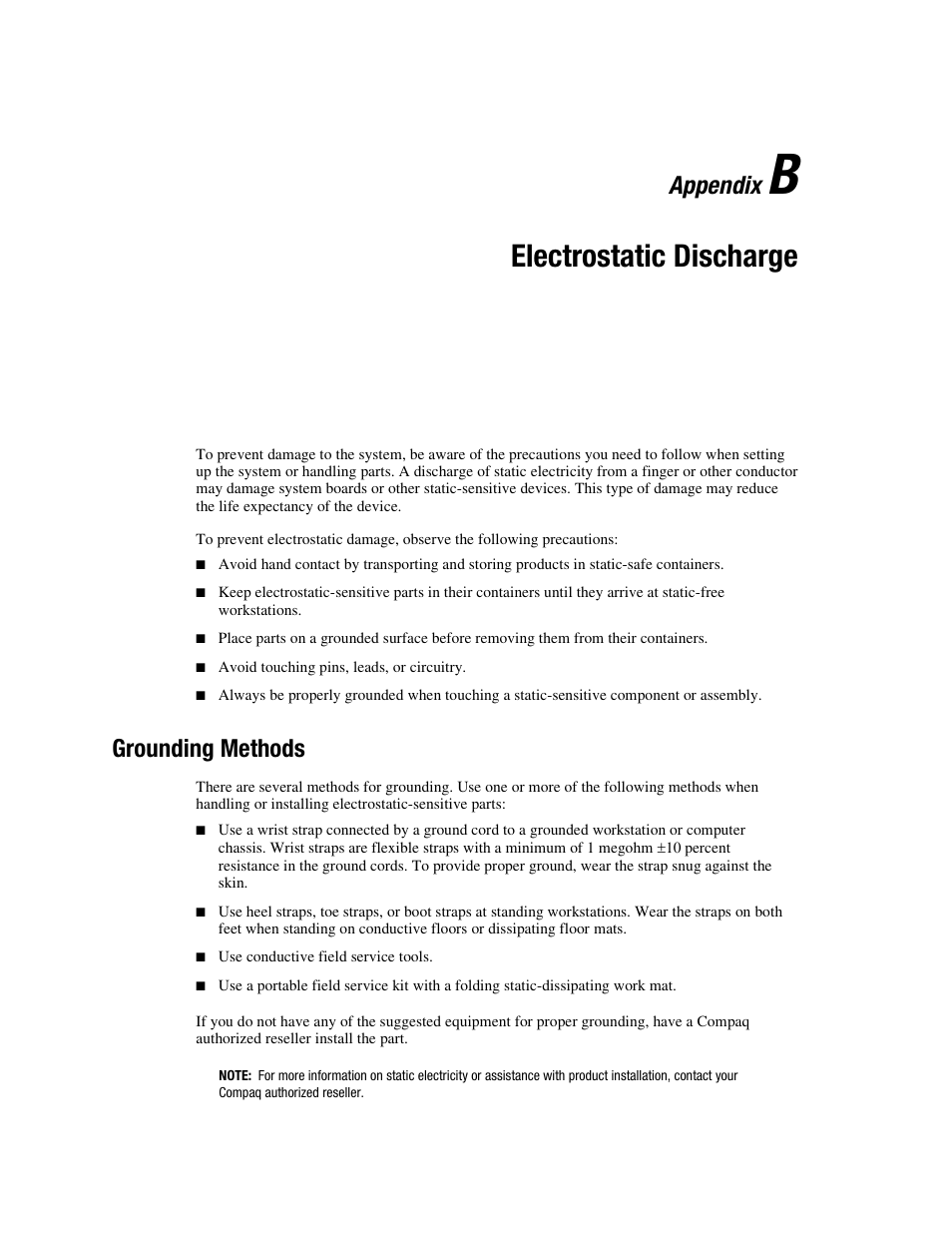 Appendix b: electrostatic discharge, Grounding methods, Appendix b | Electrostatic discharge, Appendix | HP Compaq NC3123 Fast Ethernet NIC PCI Adapter User Manual | Page 19 / 22