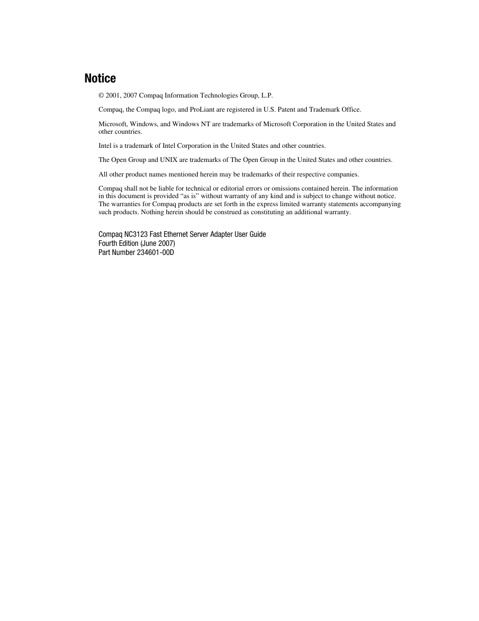 Notice | HP Compaq NC3123 Fast Ethernet NIC PCI Adapter User Manual | Page 2 / 22