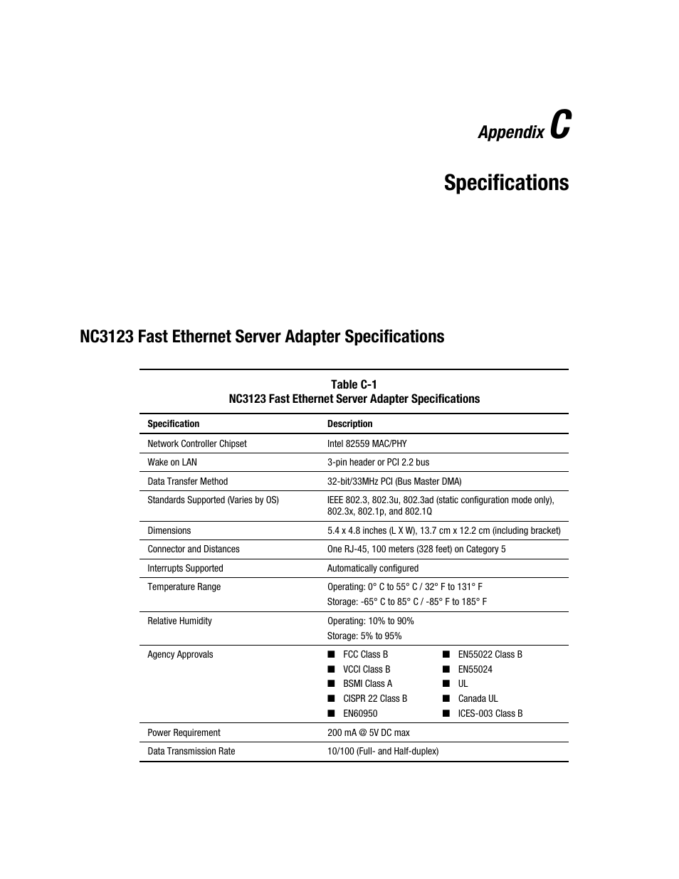 Appendix c: specifications, Nc3123 fast ethernet server adapter specifications, Appendix c | Specifications, Appendix | HP Compaq NC3123 Fast Ethernet NIC PCI Adapter User Manual | Page 20 / 22