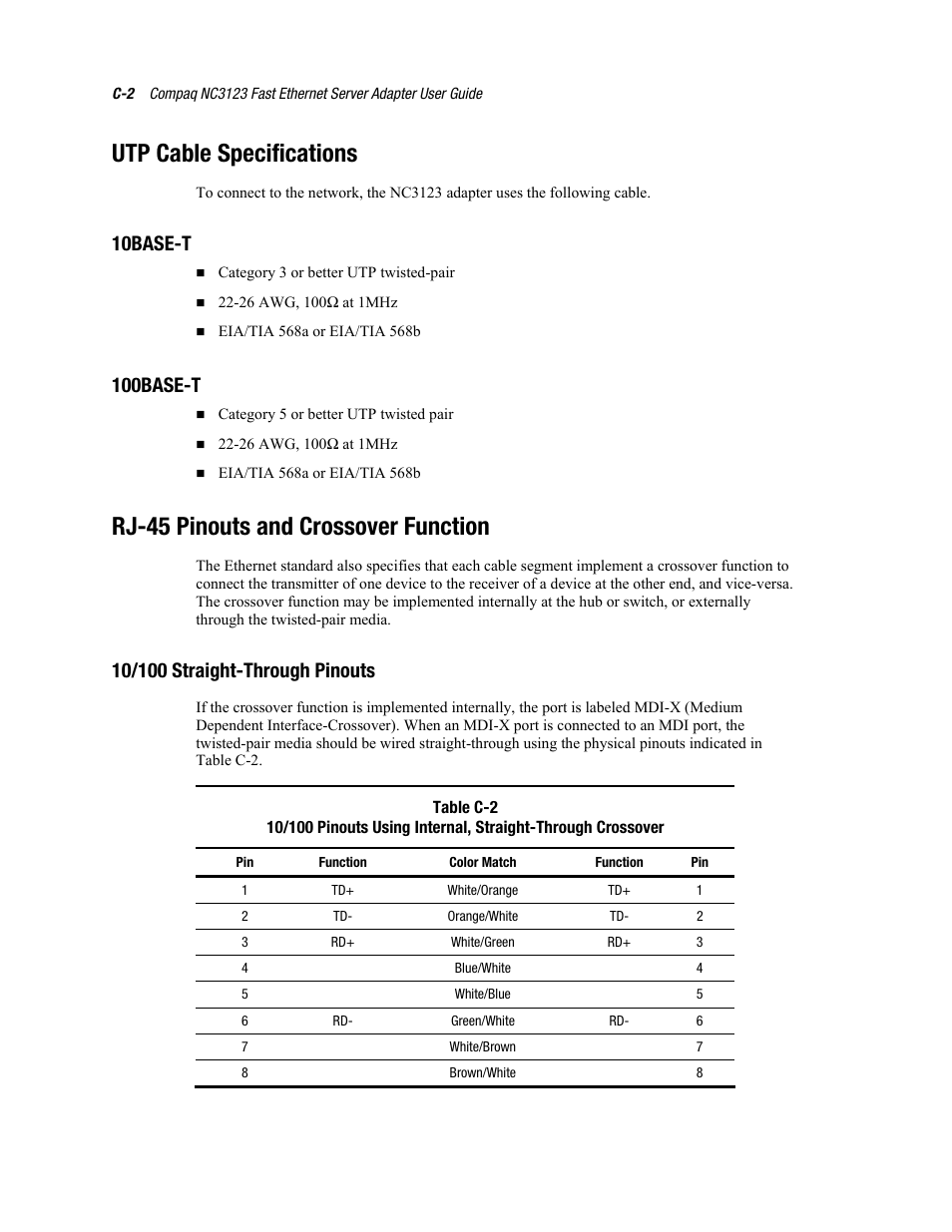 Utp cable specifications, 10base-t, 100base-t | Rj-45 pinouts and crossover function, 10/100 straight-through pinouts | HP Compaq NC3123 Fast Ethernet NIC PCI Adapter User Manual | Page 21 / 22