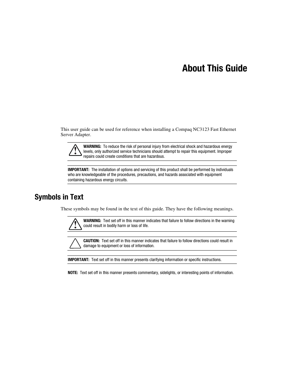 About this guide, Symbols in text | HP Compaq NC3123 Fast Ethernet NIC PCI Adapter User Manual | Page 5 / 22