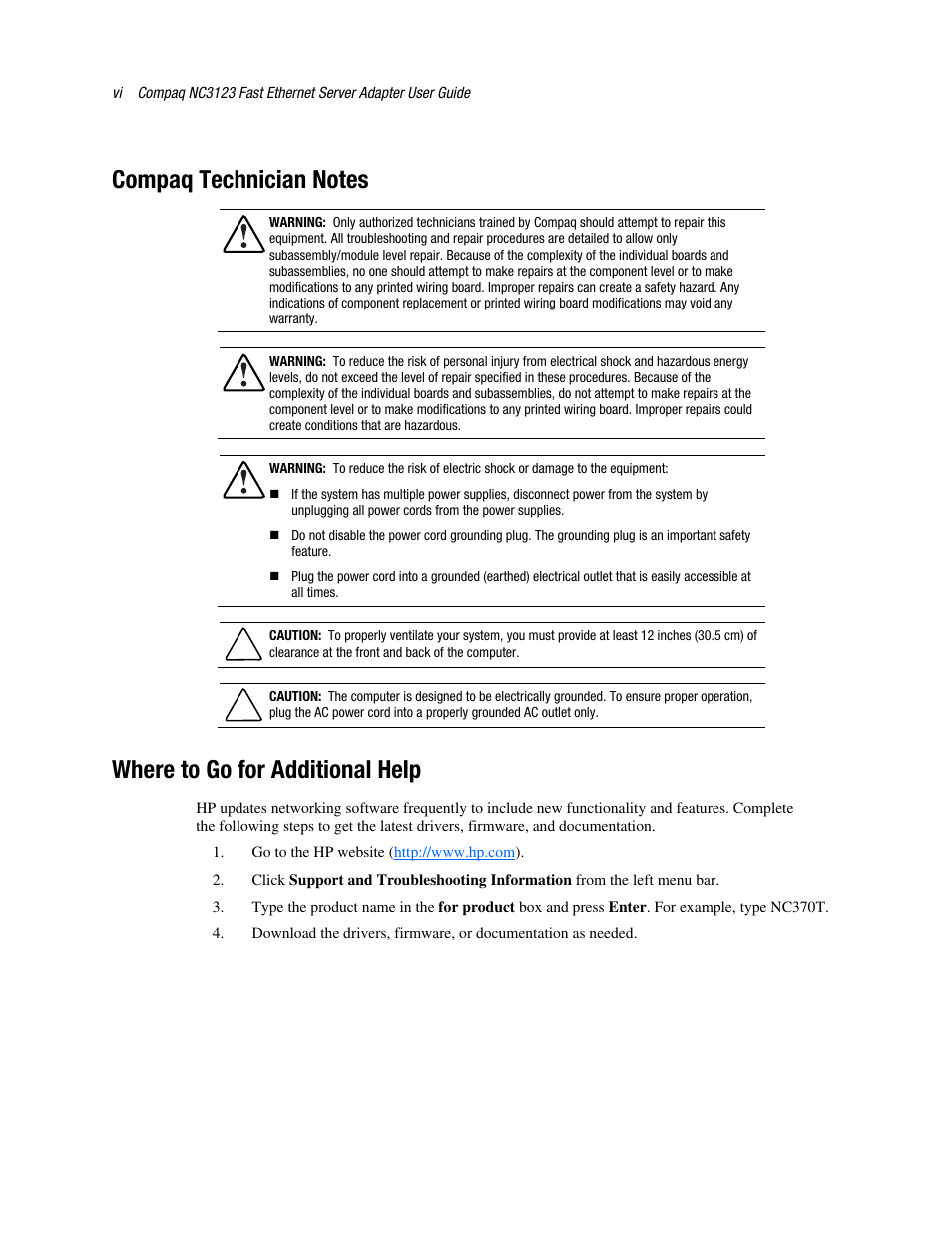 Compaq technician notes, Where to go for additional help | HP Compaq NC3123 Fast Ethernet NIC PCI Adapter User Manual | Page 6 / 22