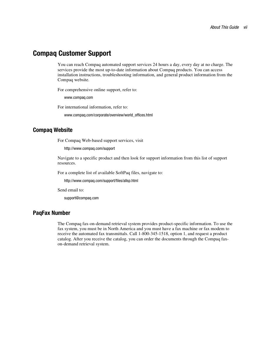 Compaq customer support, Compaq website, Paqfax number | HP Compaq NC3123 Fast Ethernet NIC PCI Adapter User Manual | Page 7 / 22