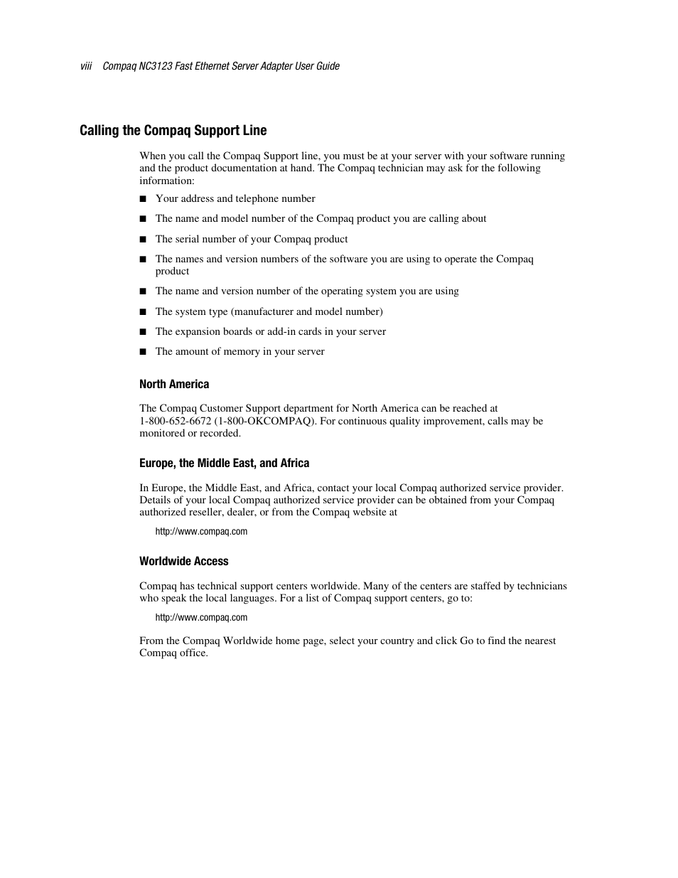 Calling the compaq support line, North america, Europe, the middle east, and africa | Worldwide access | HP Compaq NC3123 Fast Ethernet NIC PCI Adapter User Manual | Page 8 / 22