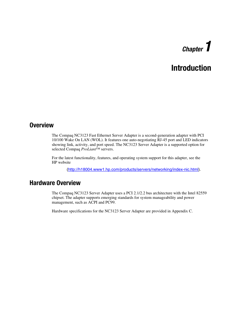 Chapter 1: introduction, Overview, Hardware overview | Chapter 1, Introduction, Overview -1, Hardware overview -1 | HP Compaq NC3123 Fast Ethernet NIC PCI Adapter User Manual | Page 9 / 22