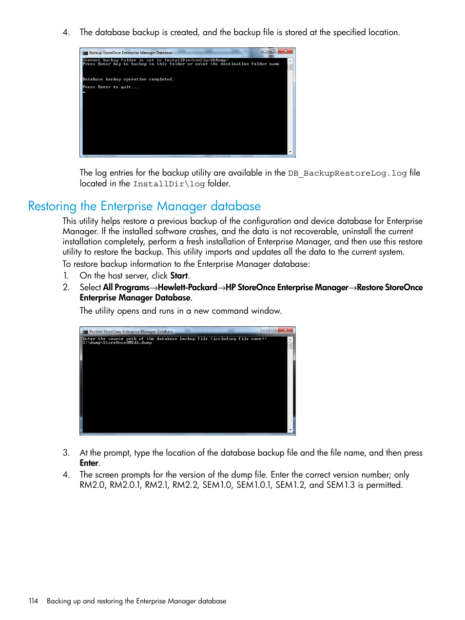 Restoring the enterprise manager database | HP StorageWorks Data Replication Manager Software User Manual | Page 114 / 144