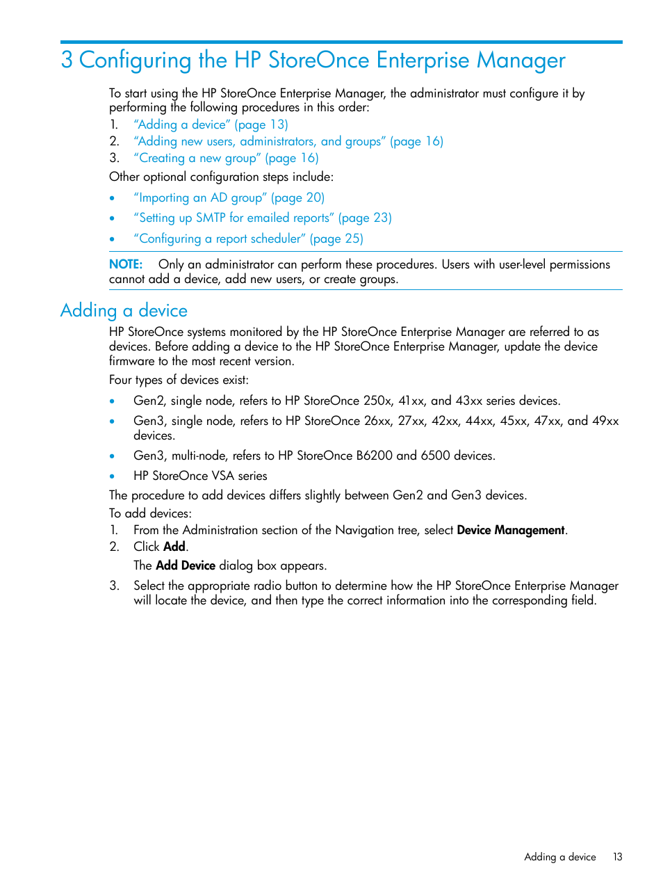 3 configuring the hp storeonce enterprise manager, Adding a device | HP StorageWorks Data Replication Manager Software User Manual | Page 13 / 144