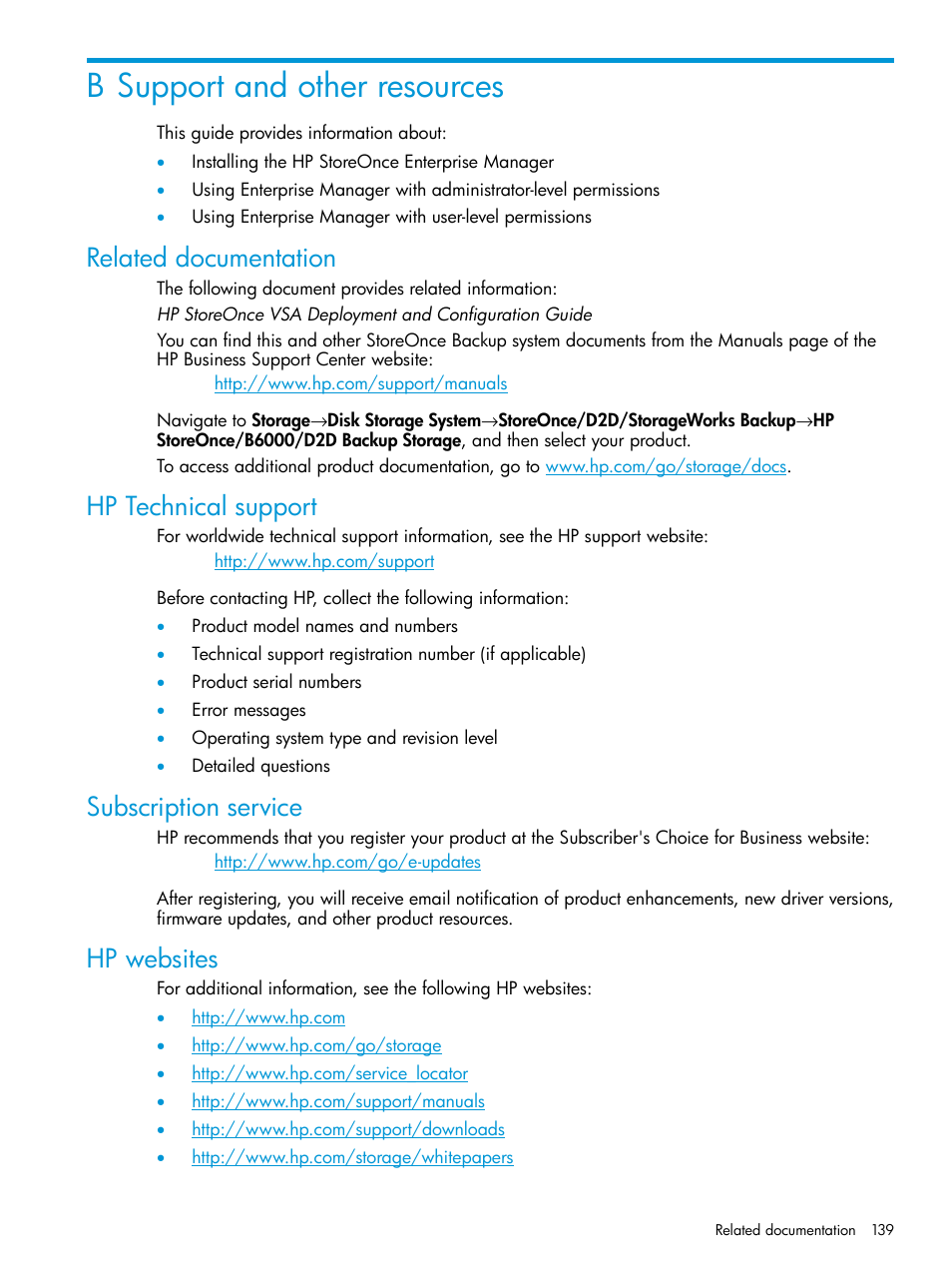 B support and other resources, Related documentation, Hp technical support | Subscription service, Hp websites | HP StorageWorks Data Replication Manager Software User Manual | Page 139 / 144