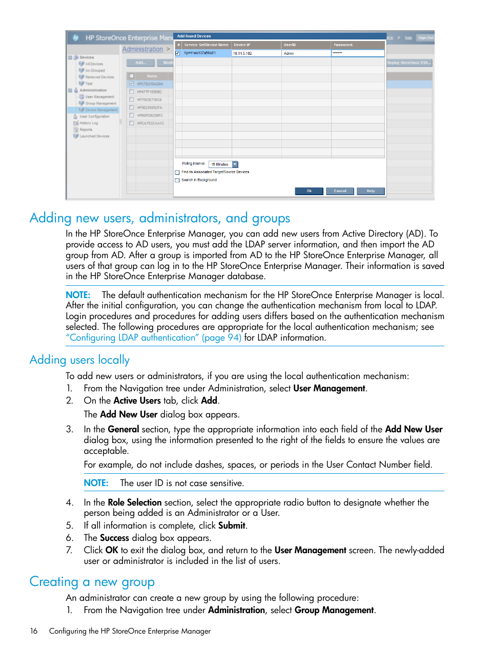 Adding new users, administrators, and groups, Adding users locally, Creating a new group | HP StorageWorks Data Replication Manager Software User Manual | Page 16 / 144