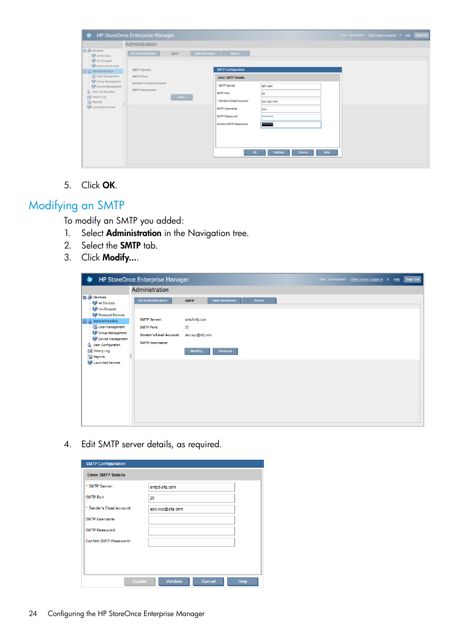 Modifying an smtp | HP StorageWorks Data Replication Manager Software User Manual | Page 24 / 144