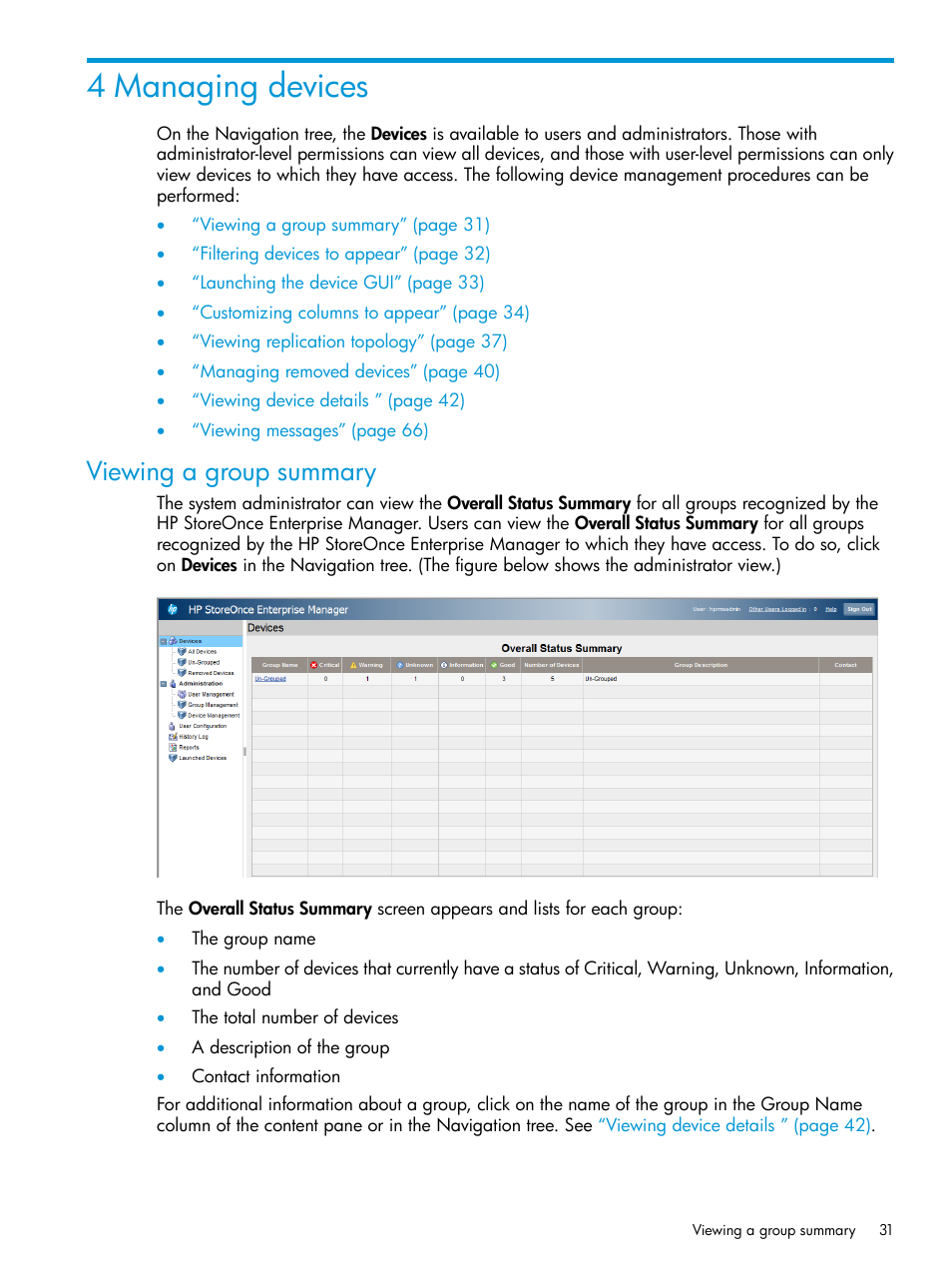4 managing devices, Viewing a group summary | HP StorageWorks Data Replication Manager Software User Manual | Page 31 / 144