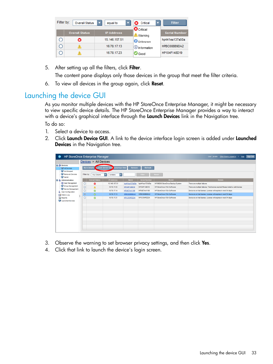 Launching the device gui | HP StorageWorks Data Replication Manager Software User Manual | Page 33 / 144