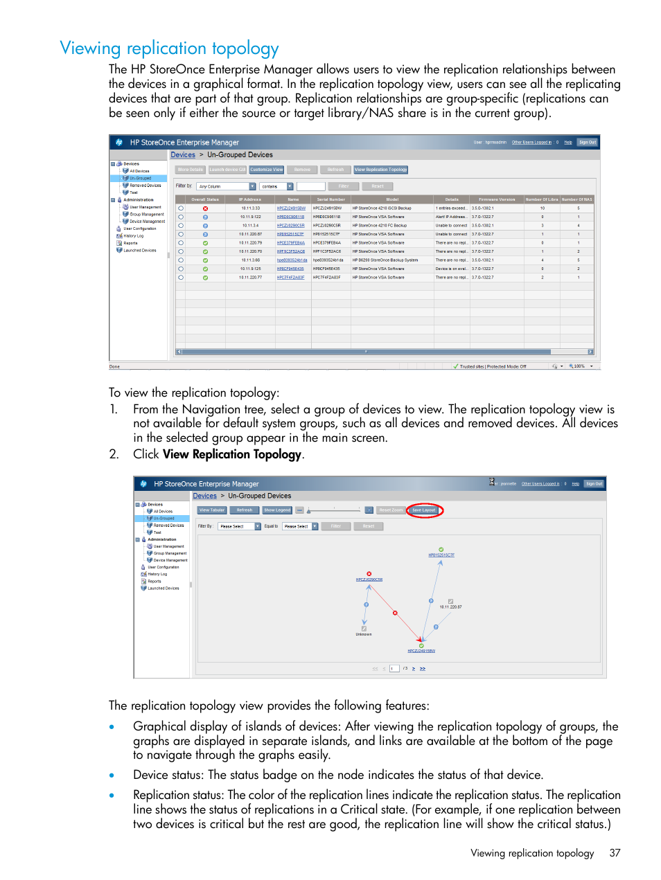 Viewing replication topology | HP StorageWorks Data Replication Manager Software User Manual | Page 37 / 144