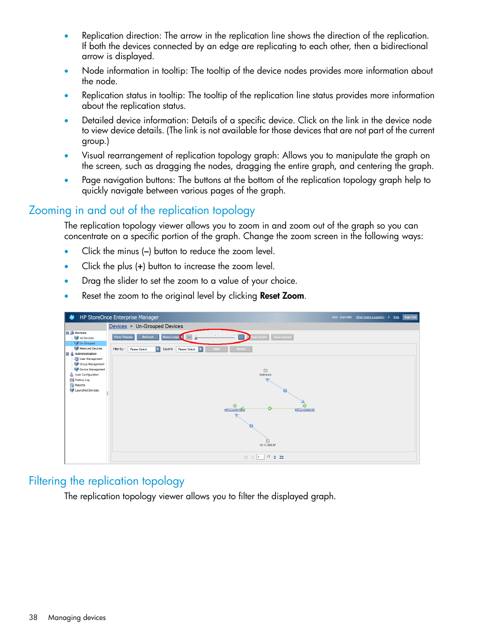 Zooming in and out of the replication topology, Filtering the replication topology | HP StorageWorks Data Replication Manager Software User Manual | Page 38 / 144