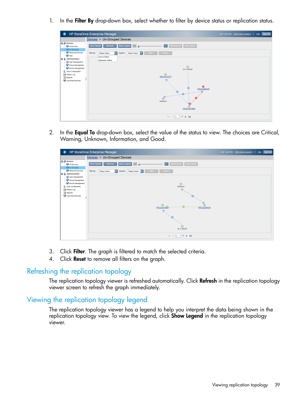 Refreshing the replication topology, Viewing the replication topology legend | HP StorageWorks Data Replication Manager Software User Manual | Page 39 / 144