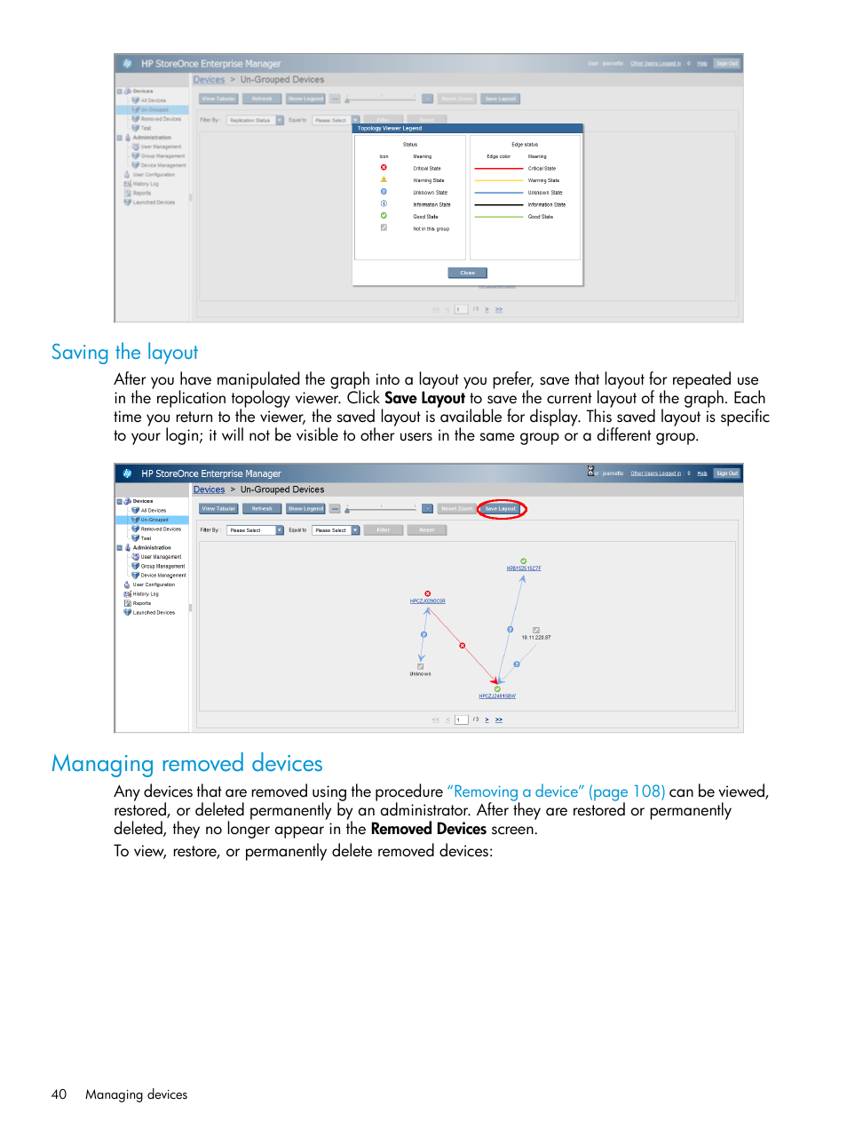 Saving the layout, Managing removed devices | HP StorageWorks Data Replication Manager Software User Manual | Page 40 / 144