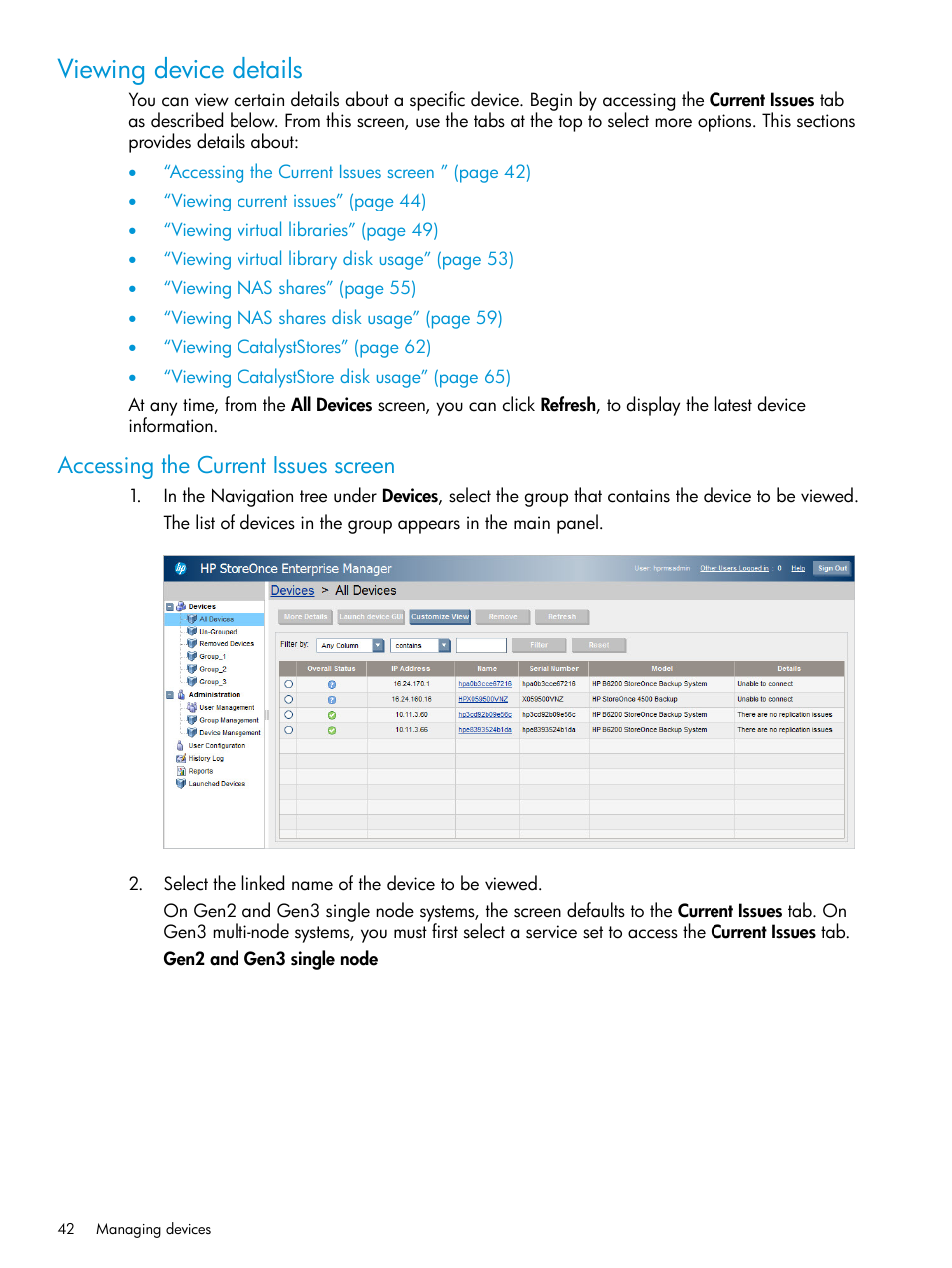 Viewing device details, Accessing the current issues screen | HP StorageWorks Data Replication Manager Software User Manual | Page 42 / 144