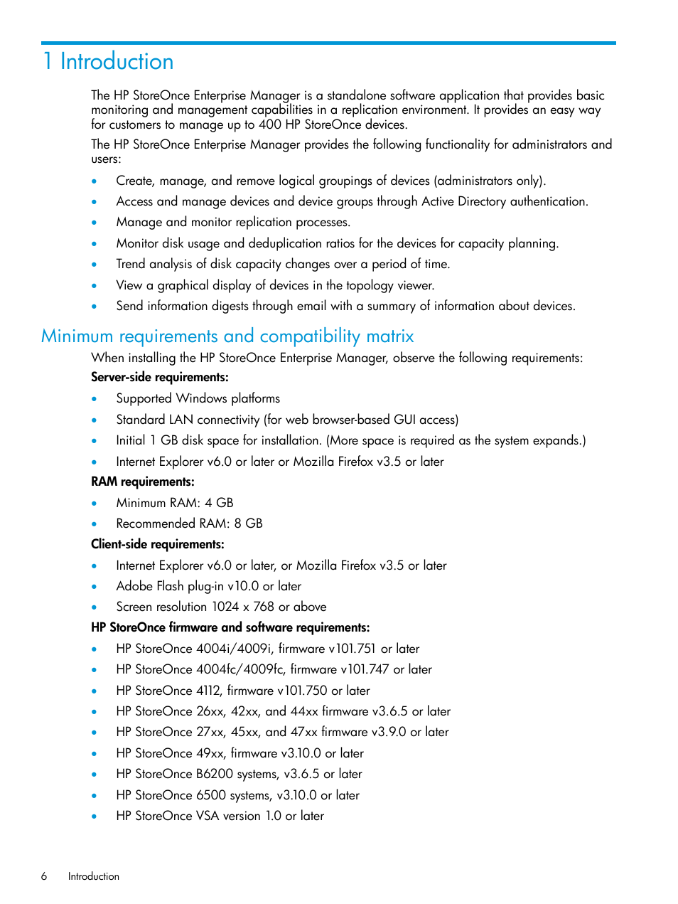 1 introduction, Minimum requirements and compatibility matrix | HP StorageWorks Data Replication Manager Software User Manual | Page 6 / 144