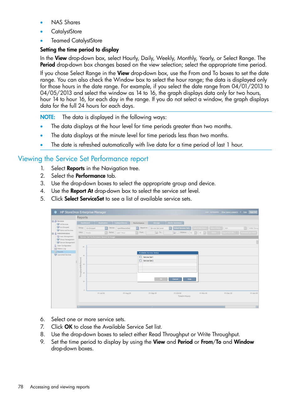 Viewing the service set performance report | HP StorageWorks Data Replication Manager Software User Manual | Page 78 / 144
