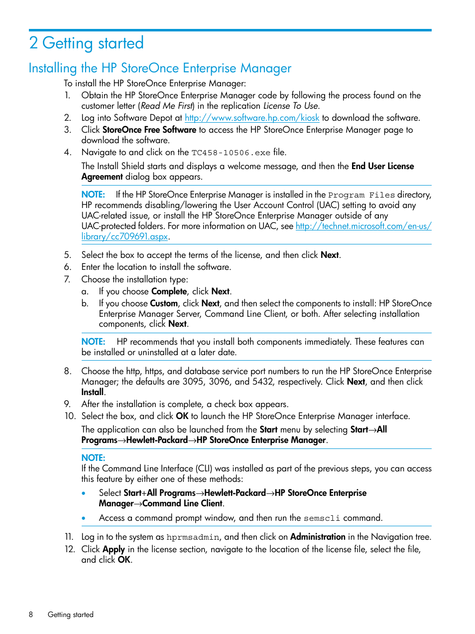 2 getting started, Installing the hp storeonce enterprise manager | HP StorageWorks Data Replication Manager Software User Manual | Page 8 / 144
