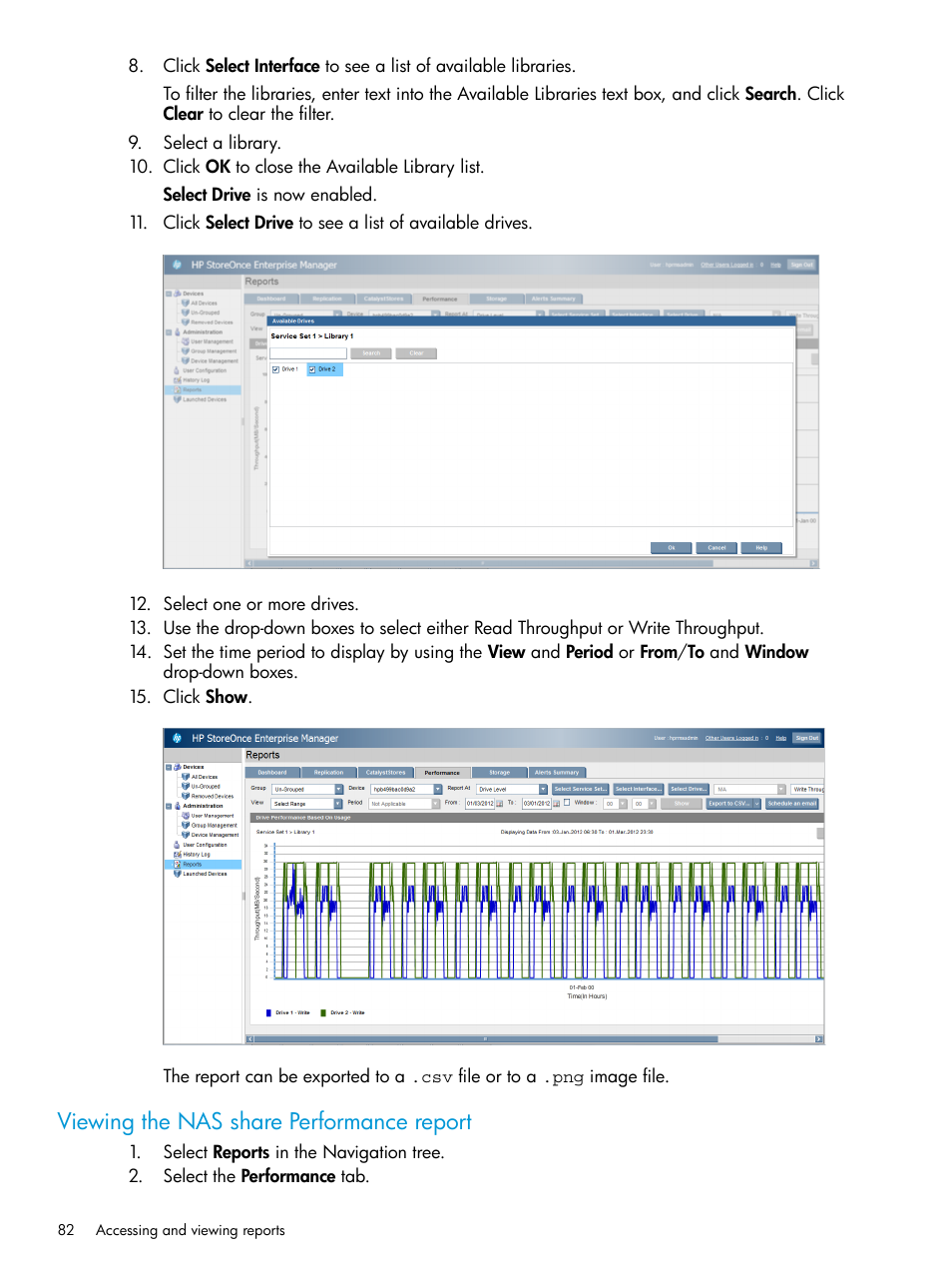 Viewing the nas share performance report | HP StorageWorks Data Replication Manager Software User Manual | Page 82 / 144