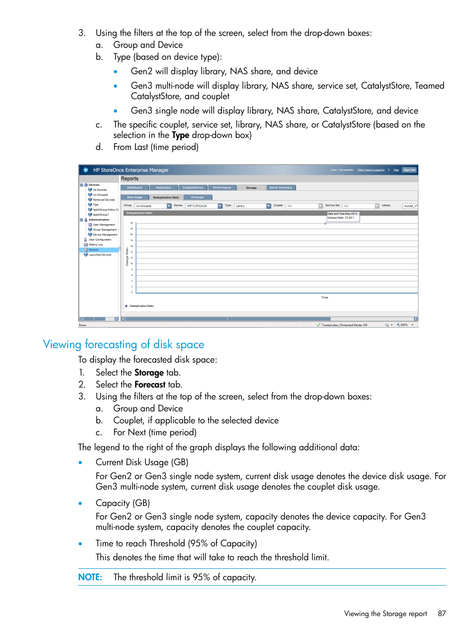 Viewing forecasting of disk space | HP StorageWorks Data Replication Manager Software User Manual | Page 87 / 144