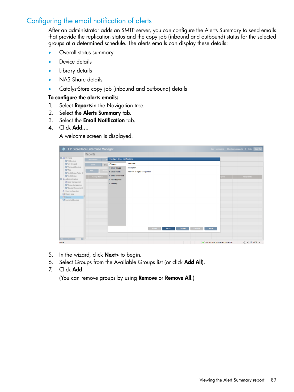 Configuring the email notification of alerts | HP StorageWorks Data Replication Manager Software User Manual | Page 89 / 144