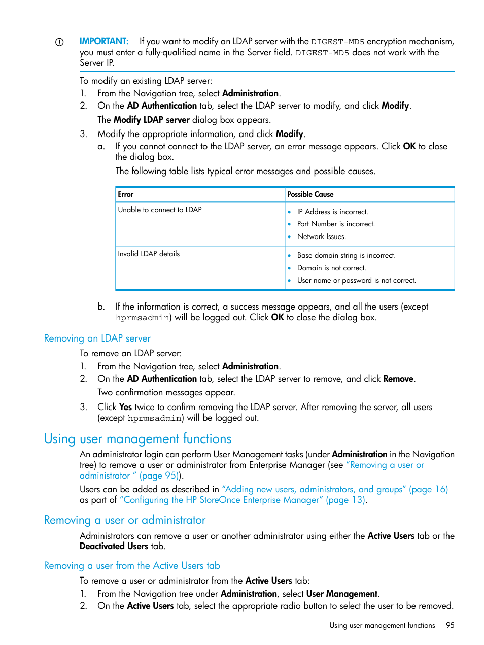 Removing an ldap server, Using user management functions, Removing a user or administrator | Removing a user from the active users tab | HP StorageWorks Data Replication Manager Software User Manual | Page 95 / 144