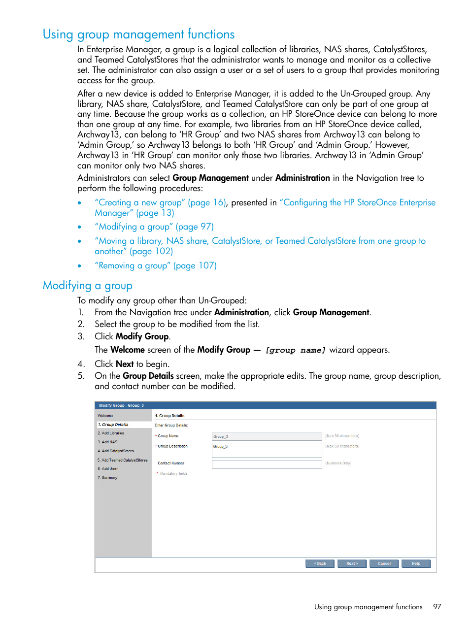 Using group management functions, Modifying a group | HP StorageWorks Data Replication Manager Software User Manual | Page 97 / 144