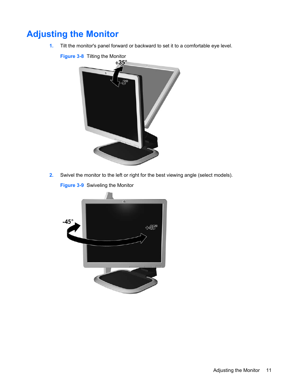Adjusting the monitor | HP L1750 17-inch LCD Monitor User Manual | Page 17 / 49