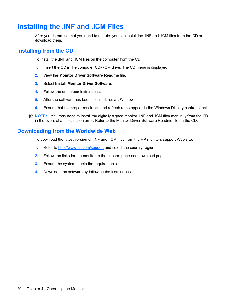 Installing the .inf and .icm files, Installing from the cd, Downloading from the worldwide web | HP L1750 17-inch LCD Monitor User Manual | Page 26 / 49