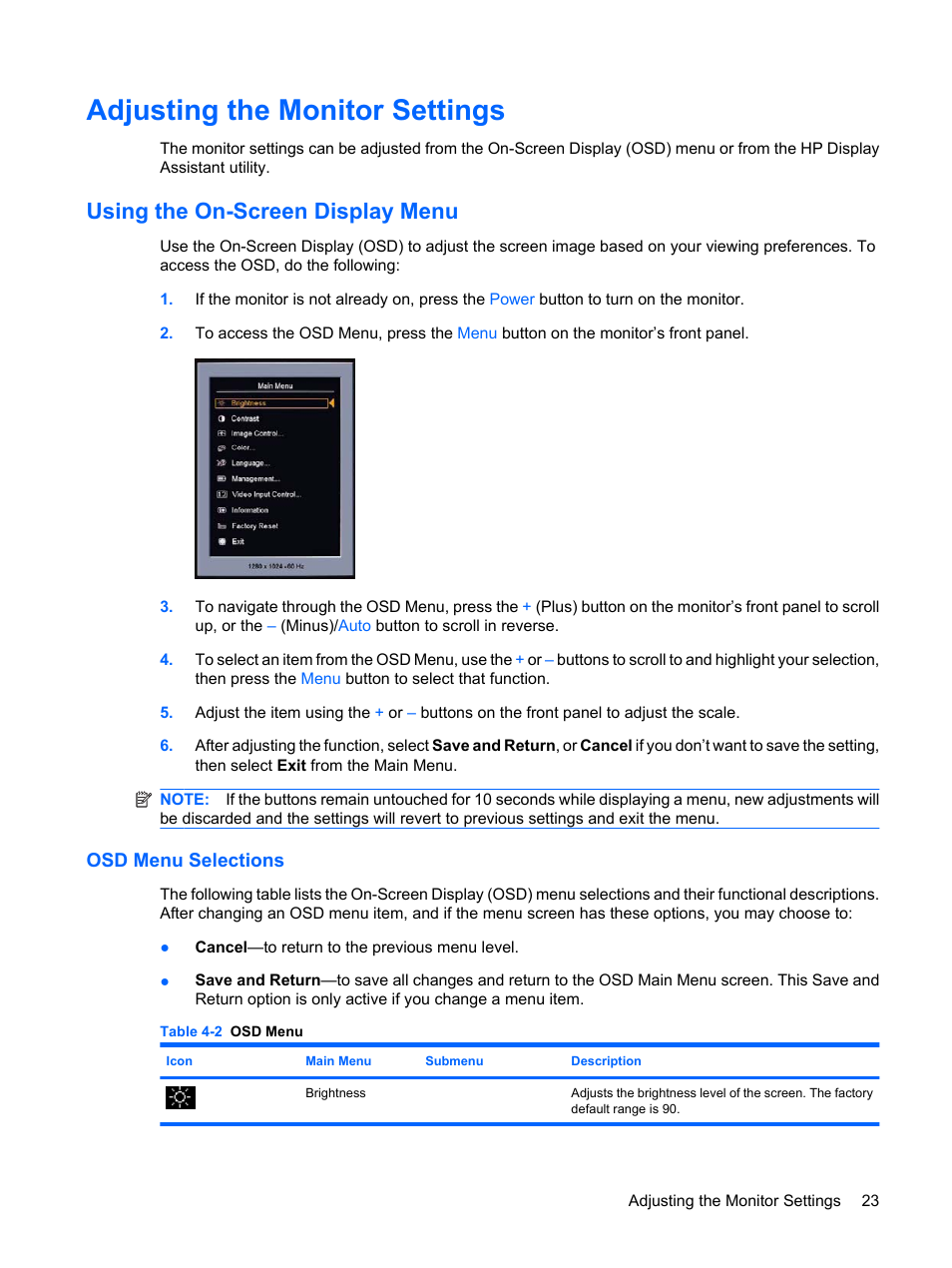 Adjusting the monitor settings, Using the on-screen display menu, Osd menu selections | HP L1750 17-inch LCD Monitor User Manual | Page 29 / 49