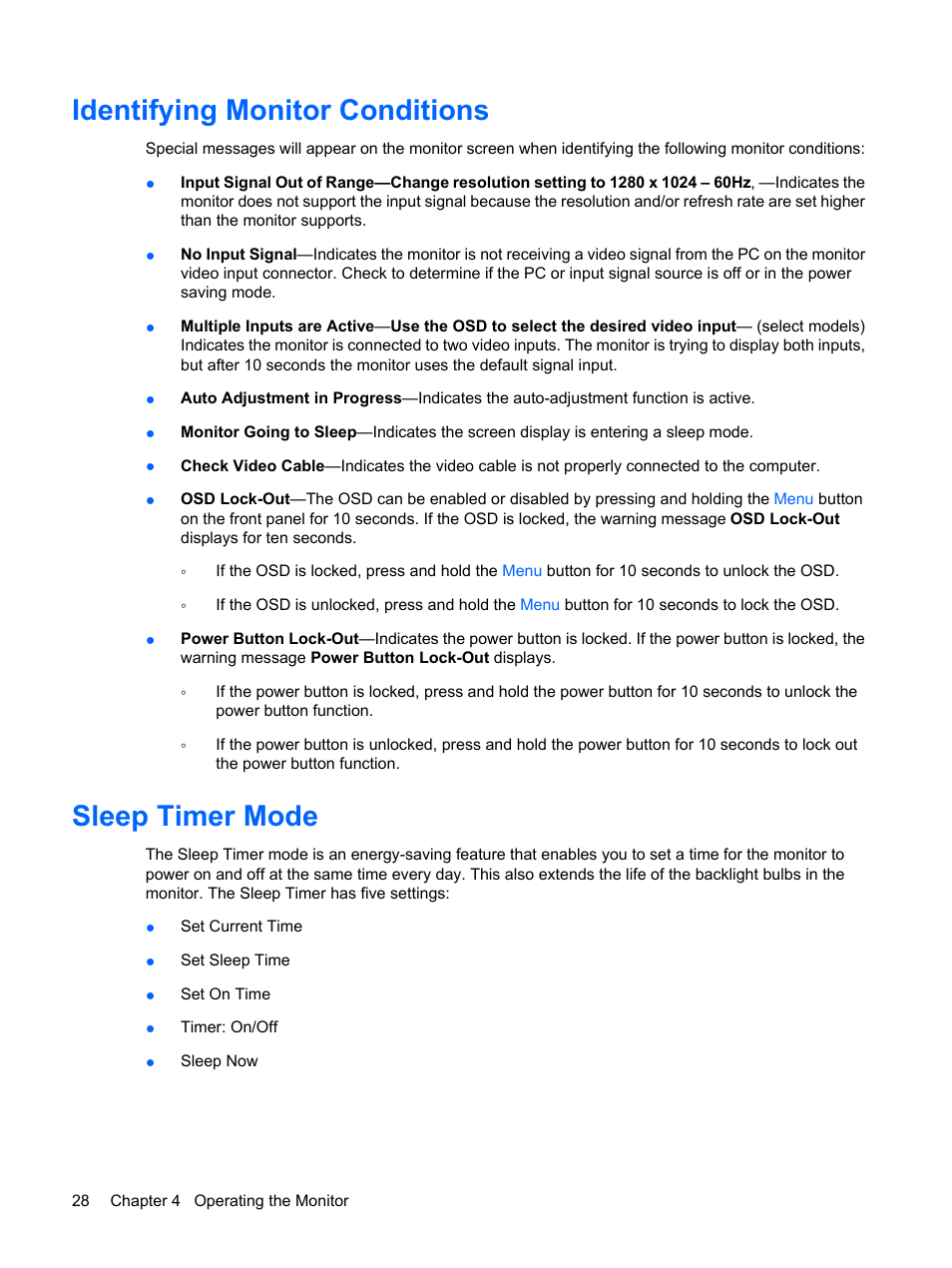 Identifying monitor conditions, Sleep timer mode, Identifying monitor conditions sleep timer mode | HP L1750 17-inch LCD Monitor User Manual | Page 34 / 49