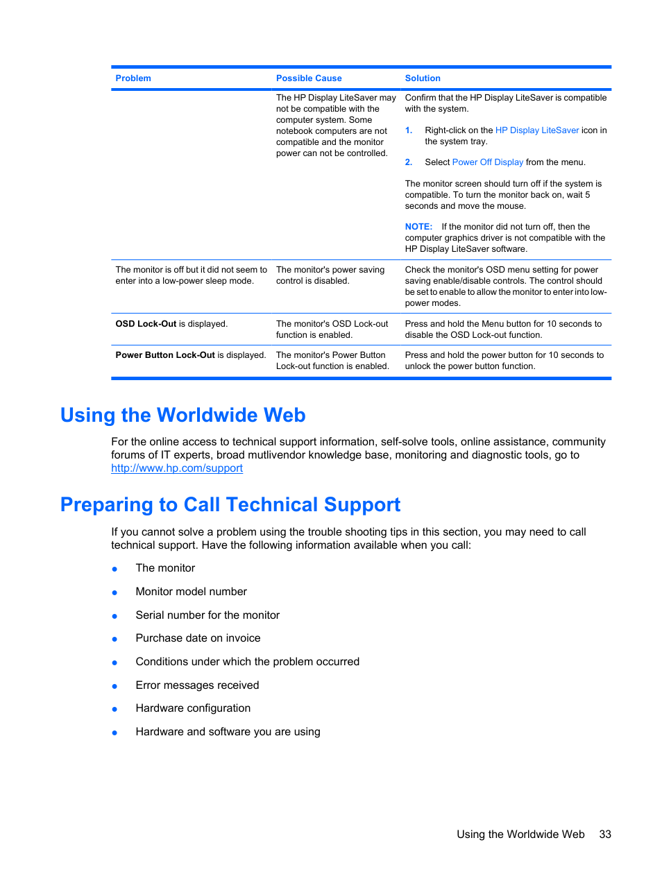 Using the worldwide web, Preparing to call technical support | HP L1750 17-inch LCD Monitor User Manual | Page 39 / 49
