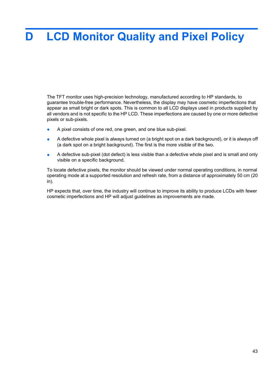 Lcd monitor quality and pixel policy, Appendix d lcd monitor quality and pixel policy, Dlcd monitor quality and pixel policy | HP L1750 17-inch LCD Monitor User Manual | Page 49 / 49