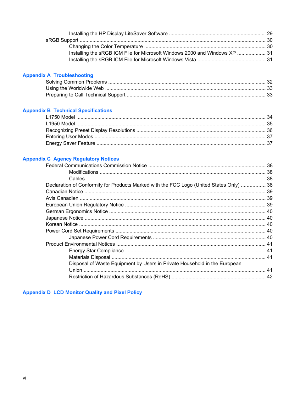 HP L1750 17-inch LCD Monitor User Manual | Page 6 / 49
