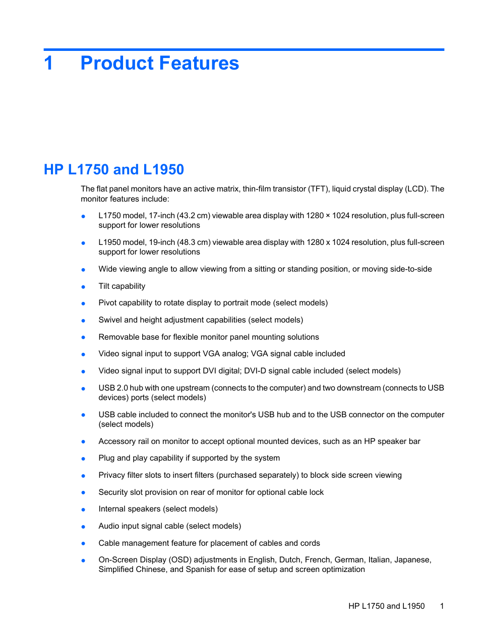 Product features, Hp l1750 and l1950, 1 product features | 1product features | HP L1750 17-inch LCD Monitor User Manual | Page 7 / 49