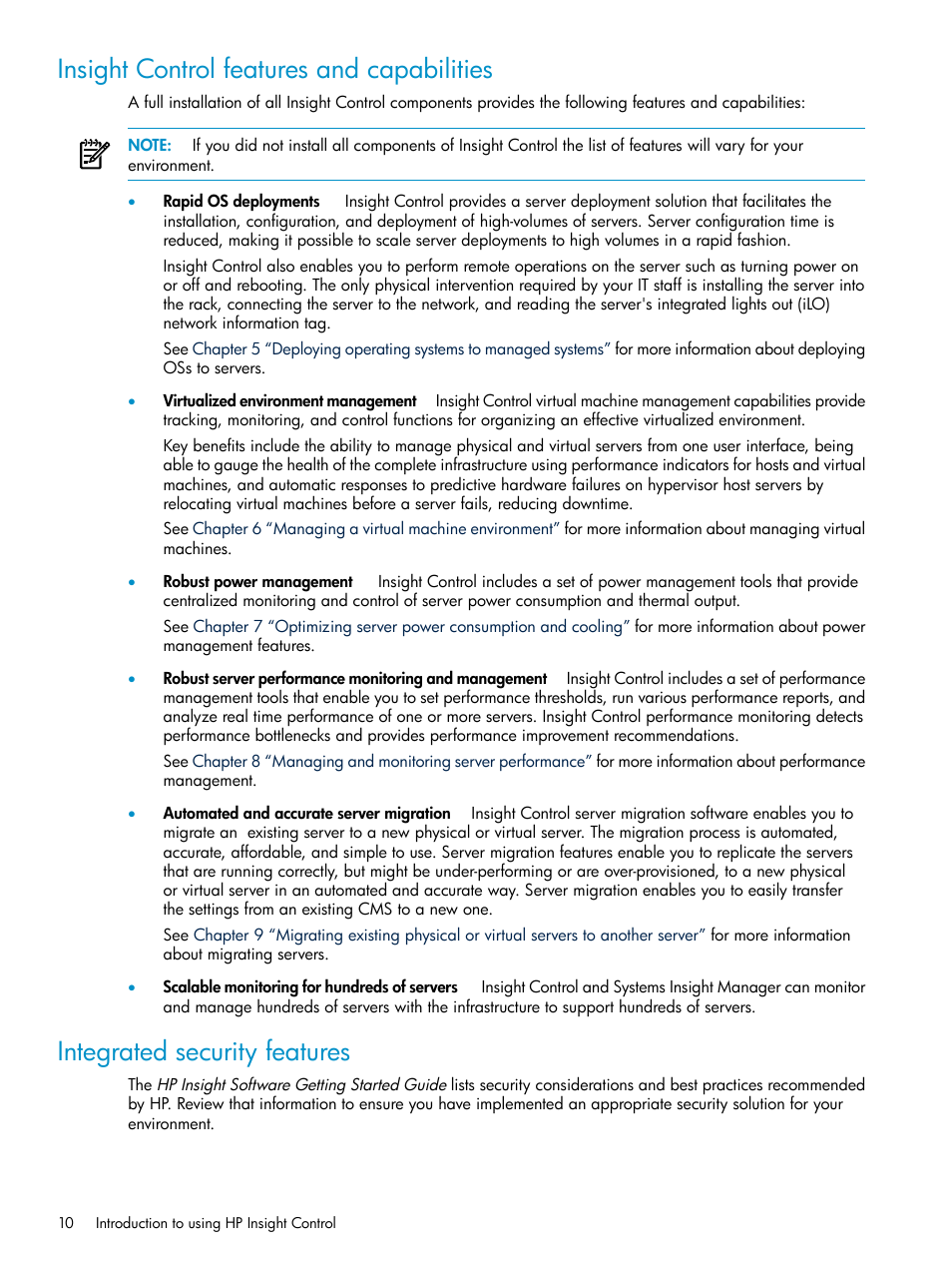 Insight control features and capabilities, Integrated security features | HP Insight Control User Manual | Page 10 / 46
