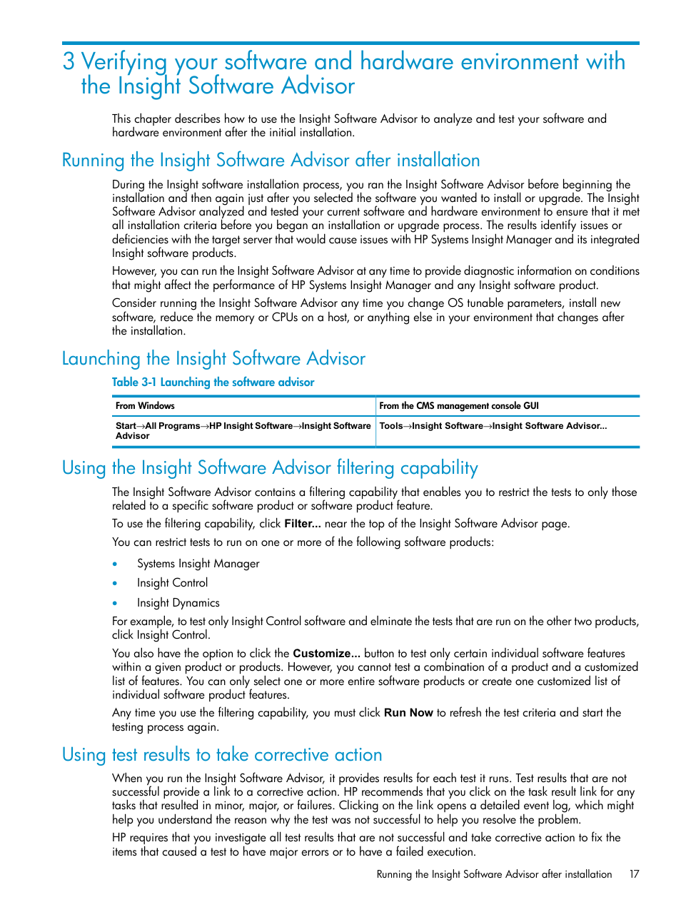 Launching the insight software advisor, Using test results to take corrective action, Launching the software advisor | HP Insight Control User Manual | Page 17 / 46