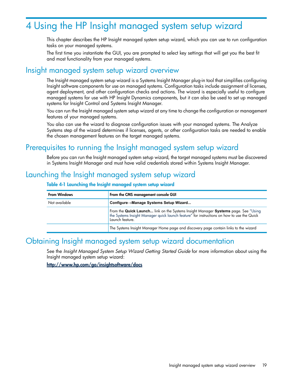 4 using the hp insight managed system setup wizard, Insight managed system setup wizard overview, Launching the insight managed system setup wizard | HP Insight Control User Manual | Page 19 / 46