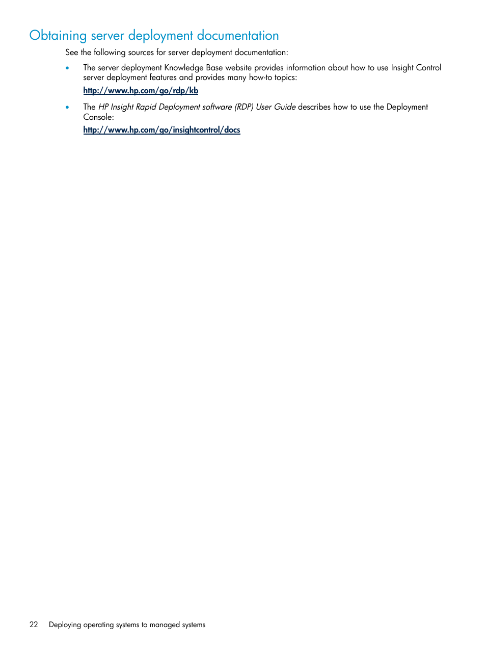 Obtaining server deployment documentation | HP Insight Control User Manual | Page 22 / 46