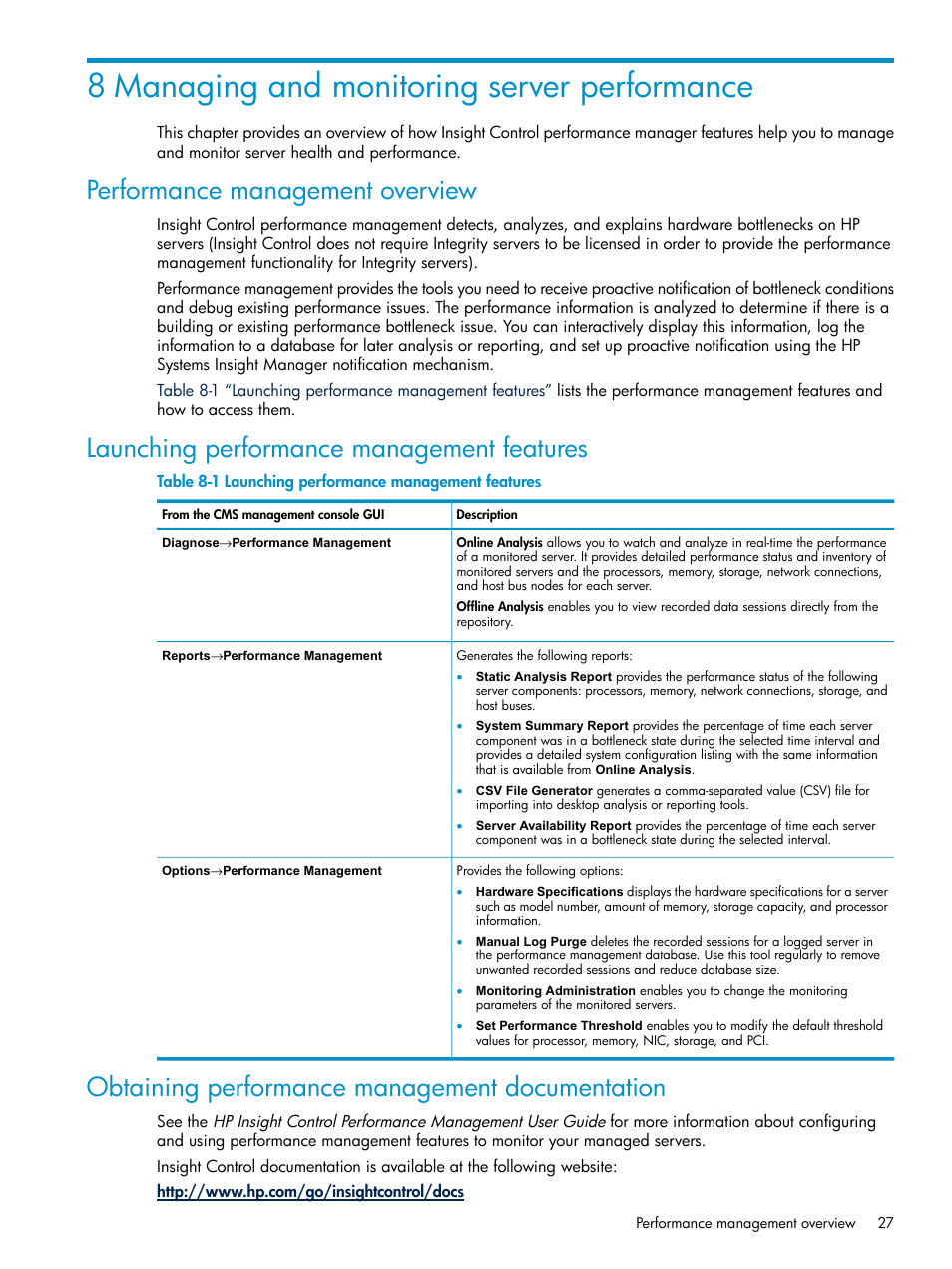 8 managing and monitoring server performance, Performance management overview, Launching performance management features | Obtaining performance management documentation | HP Insight Control User Manual | Page 27 / 46