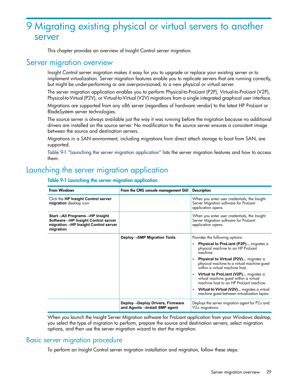 Server migration overview, Launching the server migration application, Basic server migration procedure | HP Insight Control User Manual | Page 29 / 46