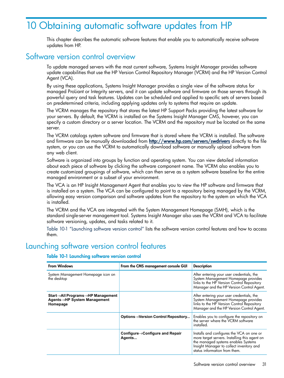 10 obtaining automatic software updates from hp, Software version control overview, Launching software version control features | Launching software version control | HP Insight Control User Manual | Page 31 / 46