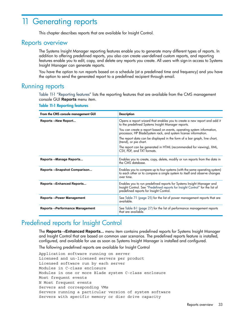 11 generating reports, Reports overview, Running reports | Predefined reports for insight control, Reporting features | HP Insight Control User Manual | Page 33 / 46