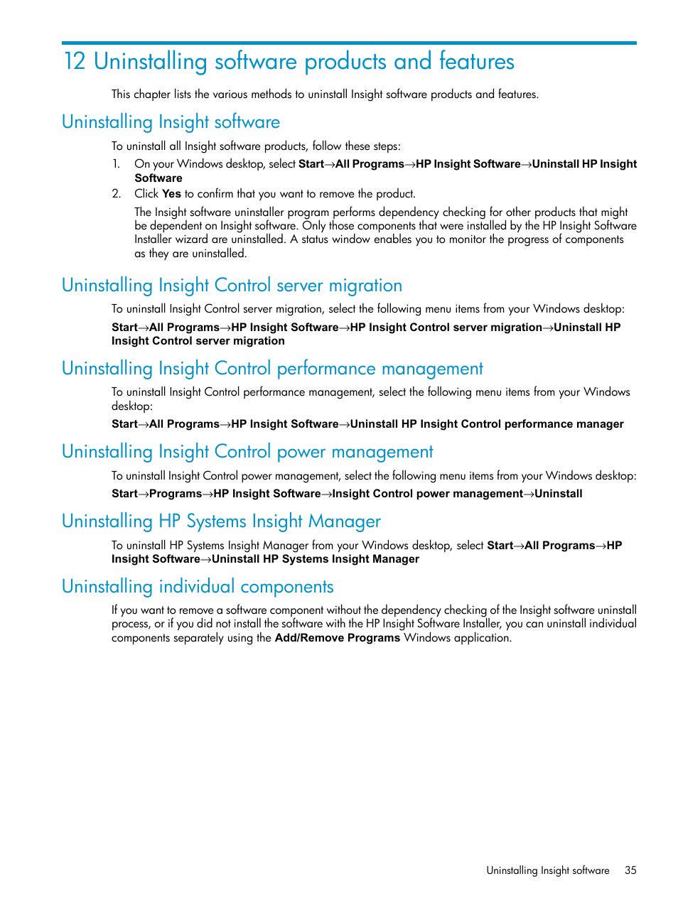 12 uninstalling software products and features, Uninstalling insight software, Uninstalling insight control server migration | Uninstalling insight control power management, Uninstalling hp systems insight manager, Uninstalling individual components | HP Insight Control User Manual | Page 35 / 46